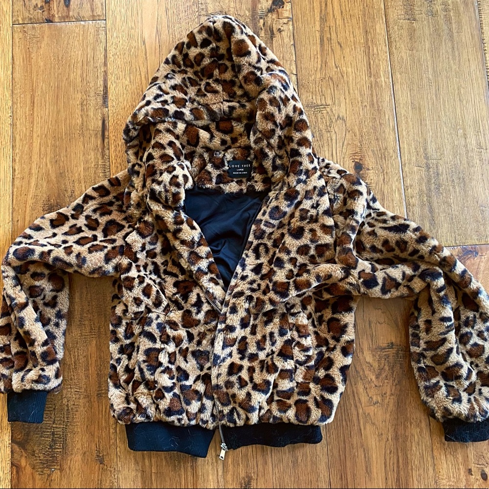 Leopard print faux fur fluffy jacket